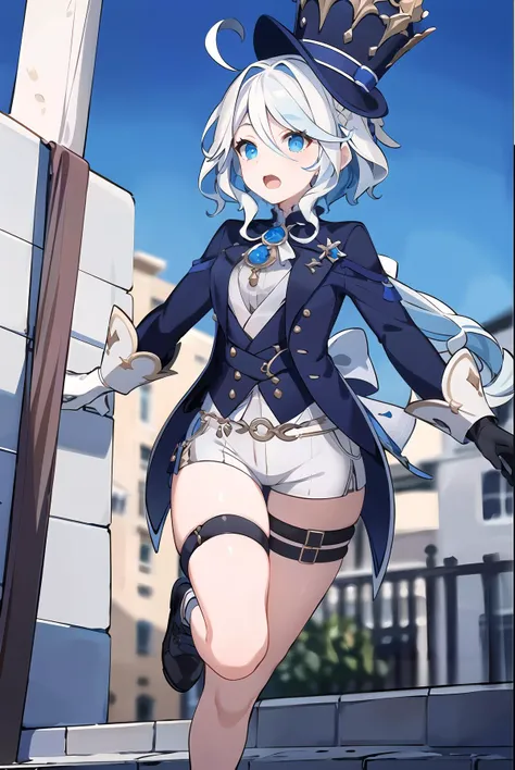 (masterpiece, best quality, highres),
<lora:furina_v04:0.85>,
furina, hat, open mouth, ahoge, gloves, brooch, waist bow, short shorts, blue suit, multicolored hair, white gloves, black gloves, white shirt, open clothes, running,  shoes, street, thigh strap