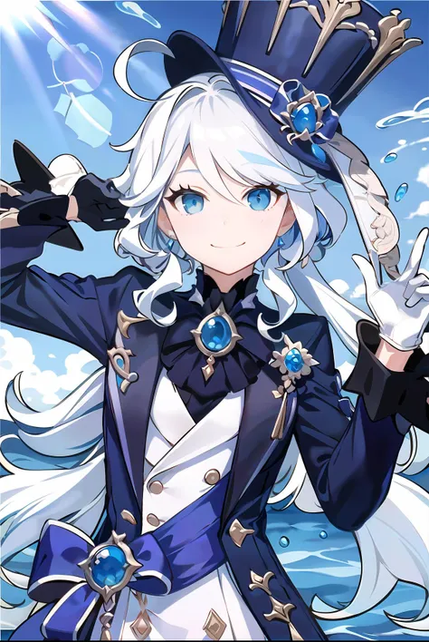 (masterpiece, best quality, highres),
<lora:furina_v04:0.8>,
furina, hat, smile, gloves, closed mouth, upper body, brooch, waist bow, blue suit, ahoge, multicolored hair, white gloves, black gloves, white shirt, open clothes, water, underwater, ocean,