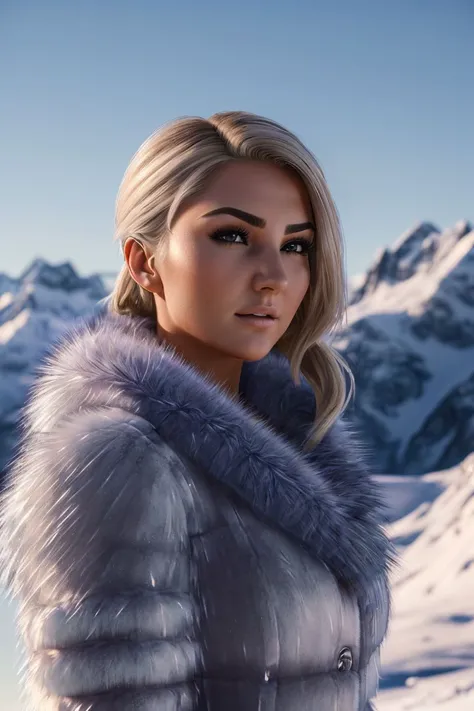 photo of S113_PolinaSitnova, a stylish woman, in an (icey-mountain:1.2), wearing a (fur-coat:1.25), snow, sunset, (8k, RAW photo, best quality, depth of field, ultra high res:1.2), (absurdres, intricate, photorealistic, masterpiece, ultra-detailed, Unreal Engine:1.3)