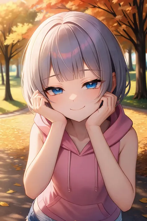 (masterpiece, best quality:1.2), absurdres, perfect anatomy, 1girl, (smug smile:1.2), POV, looking at viewer, hand on cheek, short hair, wavy hair, blunt bangs, silver hair, outdoors, autumn, pink \(sleeveless hoodie:1.2)\, hood down, ( jean shorts:1.1), solo focus, small chest, soft lighting, public park, (blue eyes)