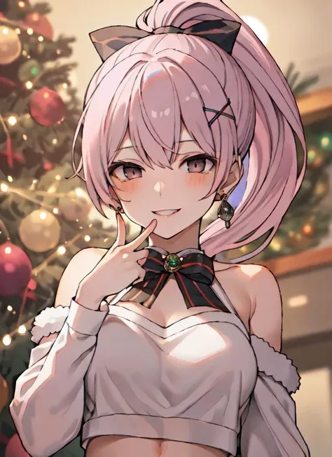 (by brat \(brabrabrat00\) :1.1), (by kakage :0.9), (by gishu :0.8), best quality, high quality,
1girl, medium hair, medium breasts, (light pink hair, ponytail, dark violet eyes:1.5), collarbone, (x hair ornament, hair ornament:1.2), hair ribbon, midriff, navel, smile,
bare_shoulders, blurry, blurry_background, blurry_foreground, blush, bowtie, breasts, crop_top, depth_of_field, earrings, finger_to_mouth, hair_ornament, jewelry, looking_at_viewer, pom_pom_\(clothes\), smile, solo, upper_body,christmas, christmas_tree,from below,