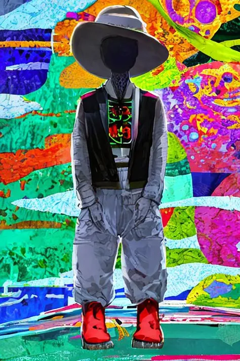 man wearing a hat, completely grey, faceless, BREAK colorful background, Playstation graphics