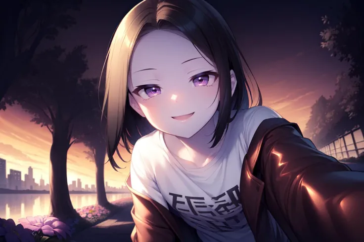 by Glen Keane, by Makoto Shinkai, 1girl, face closeup, looking at viewer, pov, (leaning towards, grabbing viewer), hands, BREAK rich gradient, limited palette, clear light perception, deep shadows, high contrast, intricate detail, depth of field BREAK garden, flowers, tree, city, river, bridge, vast landscape, shadows, sunset, godrays, cinematic BREAK brown leather jacket, cotton t-shirt, black hair, violet eyes, fair skin, happy smile, smug, forehead, shadowed face,