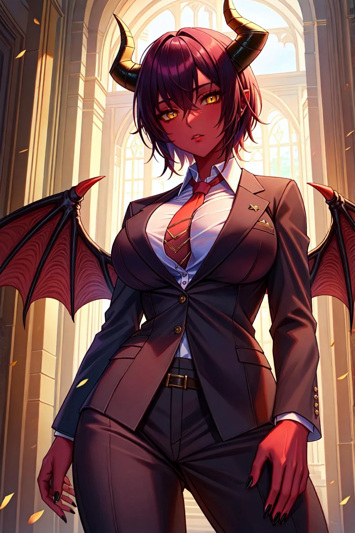 <lora:ColoredSkinSuccubus_v10:1> demon girl, horns, demon wings, red skin,
expressionless, yellow eyes, black nails,
black suit, suit pants, dress shirt, necktie,
large breasts,
standing, cowboy shot,
looking at viewer,, 1 girl, solo, female focus, solo female, sharp focus, (8k), (4k), (Masterpiece), (Best Quality), intricate, hyper detailed, illustration, high resolution, highres, uncensored