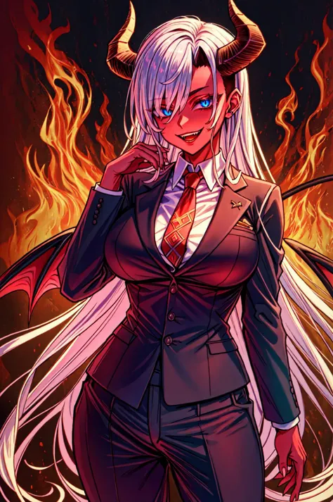 <lora:ColoredSkinSuccubus_v10:1> demon girl, horns, demon wings, demon tail, red skin,
silver hair, very long hair, undercut,
blue eyes,,
black suit, suit pants, dress shirt, necktie,
large breasts, 
standing, cowboy shot,
looking at viewer,
in hell,
<lora:edgGesugao:1> , edggesugao, sadistic smile, edggesugao facial expression,
 <lora:Asanagi:0.4> , asanagi, 1 girl, solo, female focus, solo female, sharp focus, (8k), (4k), (Masterpiece), (Best Quality), intricate, hyper detailed, illustration, high resolution, highres, uncensored