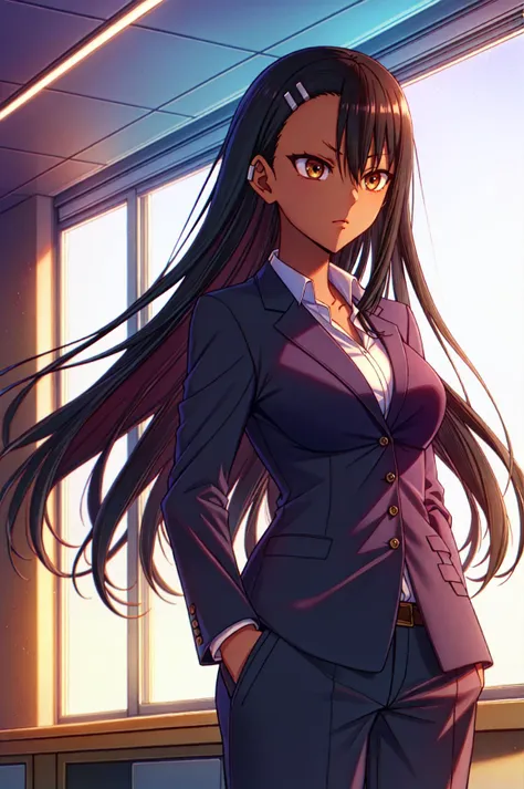 <lora:Nagatoro_V3-000009:0.6> 1girl, asymmetrical bangs, bangs, black hair, long hair, dark skin, dark-skinned female, hair between eyes, hair ornament, hairclip, long hair, nagatoro hayase,
black suit, suit pants, cowboy shot,
(floating hair:0.9),  office, indoors,
standing,
hands in pockets, 
(from side:0.4), determined,, sharp focus, (8k), (4k), (Masterpiece), (Best Quality), intricate, hyper detailed, illustration, high resolution, highres, uncensored, 1 girl, solo, female focus, solo female