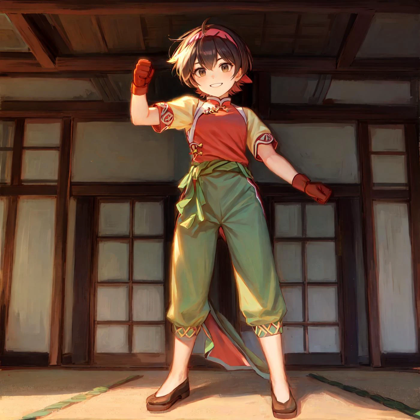 masterpiece, high res, detailed face, detailed eyes, 1 girl, solo, slender, tomboy, showing fist, smile, proud, short hair, brown eyes, hairband, red top, chinese clothes, short yellow sleeves, gloves, green belt, green pants, brave, proud, ((full body)), indoors, dojo <lora:Nanami2:1>, masterpiece, high res, detailed face, detailed eyes,