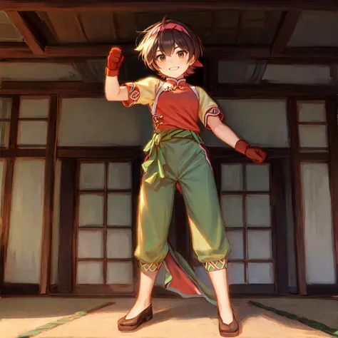 masterpiece, high res, detailed face, detailed eyes, 1 girl, solo, slender, tomboy, showing fist, smile, proud, short hair, brown eyes, hairband, red top, chinese clothes, short yellow sleeves, gloves, green belt, green pants, brave, proud, ((full body)), indoors, dojo <lora:Nanami2:1>, masterpiece, high res, detailed face, detailed eyes,
