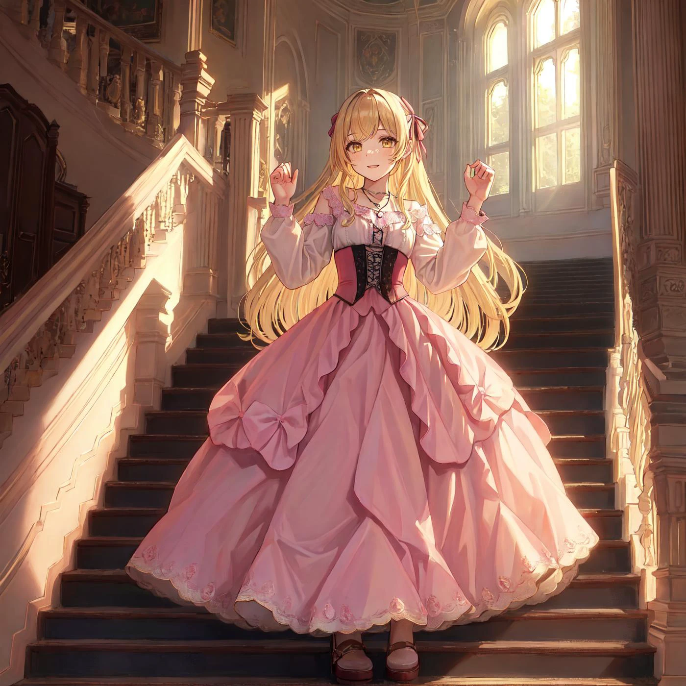 masterpiece, high res, detailed face, detailed eyes, 1 girl, solo, ((both hands up)), smile, blonde hair, long hair, ribbon, yellow eyes, pink dress. corset, necklace, long sleeves, full body. indoors, walking down the stairs, mansion <lora:Luserina:1>, masterpiece, high res, detailed face, detailed eyes,