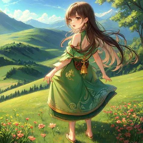 masterpiece, high res, detailed face, detailed eyes, 1girl, solo, small breasts, brown hair, long hair, brown eyes, green dress, chinese clothes, gold earrings, exposed shoulders, big smile, open mouth, arms extended, from behind, turning around, standing, full body, outdoors, hill, flowers <lora:Lymsleia:1>, masterpiece, high res, detailed face, detailed eyes,