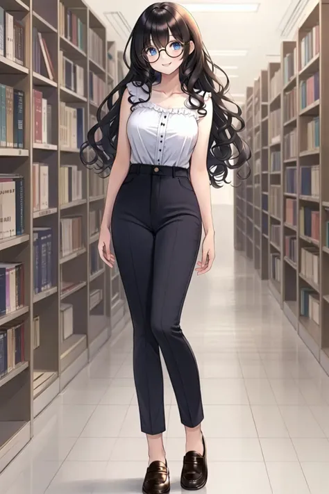 <lora:longleg:0.6>, long legs, <lora:pnclpnts:0.6>, pencil pants, library, glasses, round eyewear, curly hair, black hair, blue eyes, long hair, frilled shirt, loafers, full body, medium breasts, smile