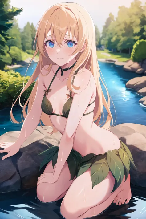 (masterpiece, best quality:1.2), absurdres, perfect anatomy, 1girl, altpriestess, bangs, blonde hair, blue eyes, blush, hair between eyes, long hair, looking at viewer, small breasts, barefoot, blush, leaf, leaf bikini, forest, lake, river, water, sweat, wet, nervous sweating, nervous smile, leaf skirt, (by pochi \\(pochi-goya\\):1.25), 
<lora:concept-plant_clothing:1> <lora:PriestGSV5:0.75>