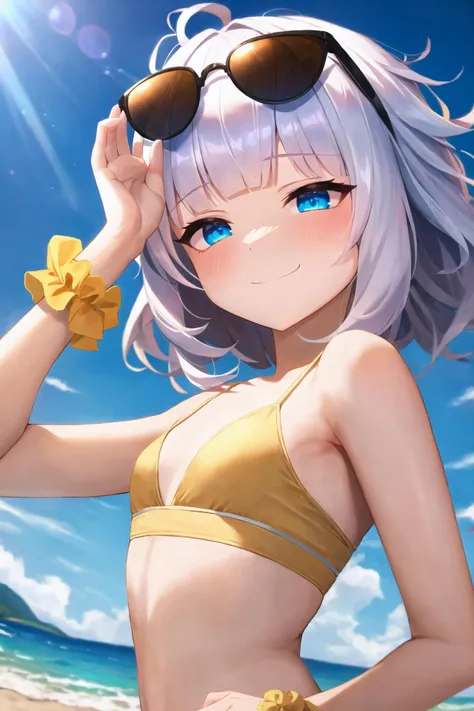 (masterpiece, best quality:1.2), absurdres, perfect anatomy, 1girl, solo, petite, absurdres, slight smile, (smug:1.25), best quality, sharp focus, (white hair, medium hair, messy hair, wavy hair, silver hair:1.2), blunt bangs, blue eyes, (yellow bikini:1.1), (wrist scrunchie:1.2), (sunglasses on head:1.1), blue shorts, small breasts, flat chest, outdoors, beach, sunny, blue skies