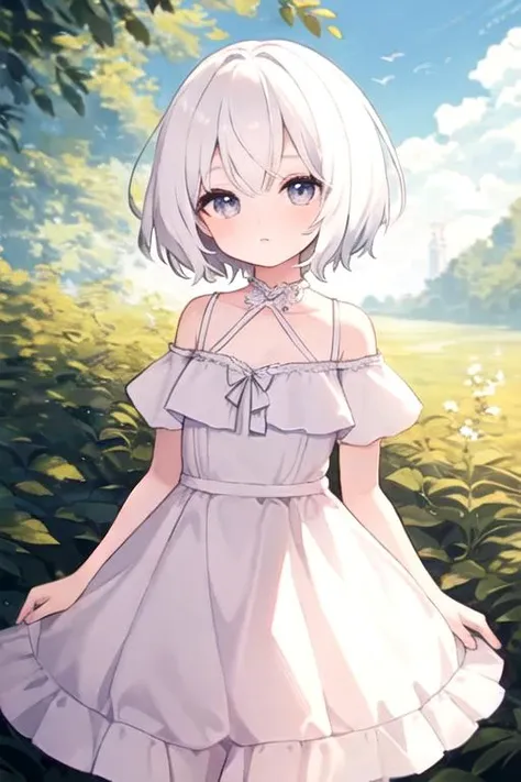 best quality, beautiful illustration, looking at viewer, very short hair, white hair, dress, cute, outdoors,
<lora:CromachinaStyle:0.4>,