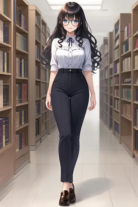 <lora:longleg:0.6>, long legs, <lora:pnclpnts:0.6>, pencil pants, library, glasses, round eyewear, curly hair, black hair, blue eyes, long hair, frilled shirt, loafers, full body, medium breasts, smile