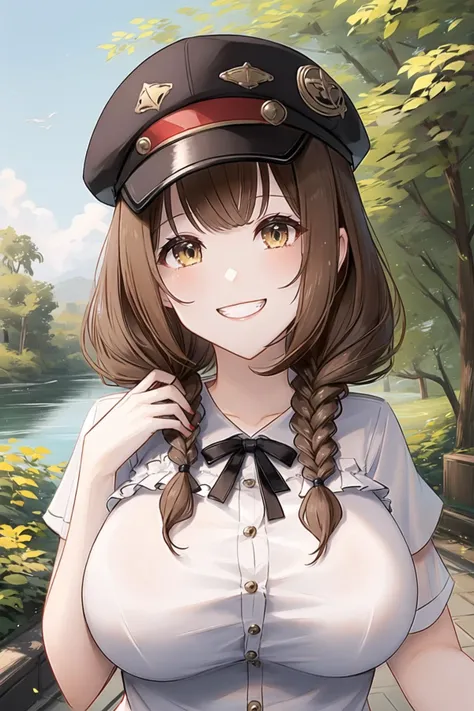 <lora:3lyv5:0.6>, upper body, large breasts, cabbie hat, brown hair, braids, hair over shoulder, frilled shirt, outdoors, smile, <lora:cabbiehat:0.6>