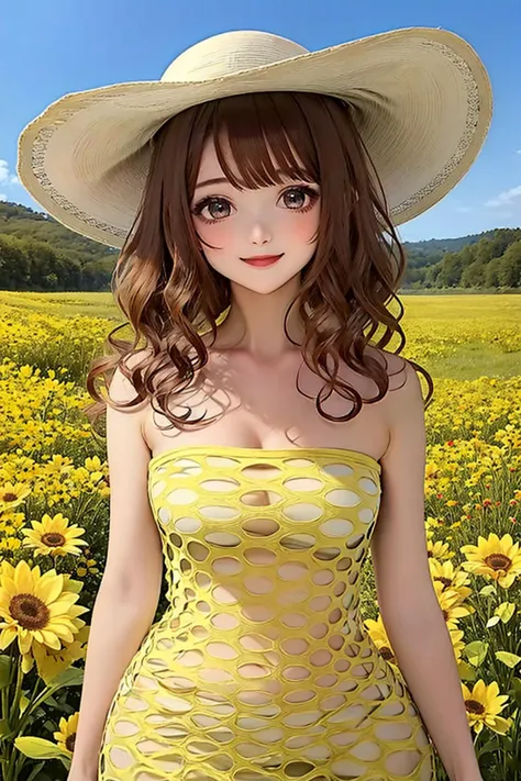 <lora:PotholeTube2:0.8>, (strapless pothole tube dress),  <lora:flofield:0.6>, flower field, sun hat, [yellow dress], brown hair, sidelocks, wavy hair, smile, lips, closed mouth