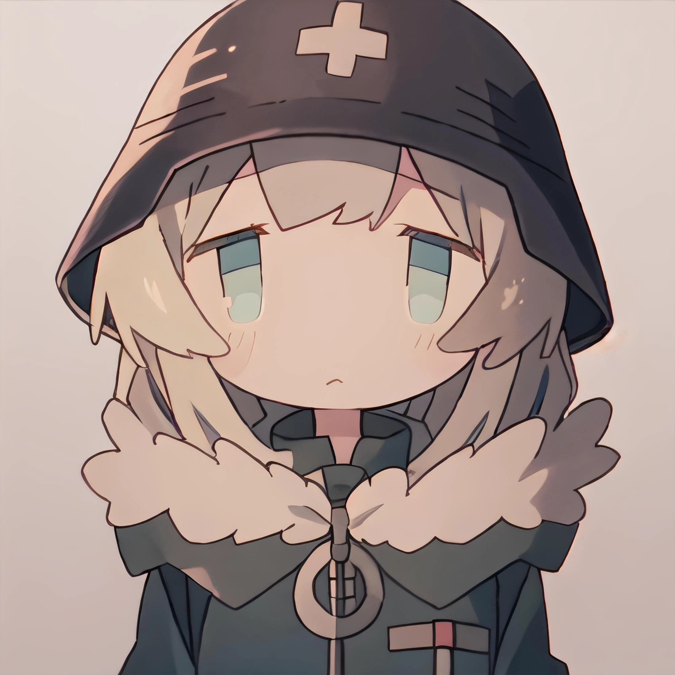 yuuri,military helmet, military uniform, fur trim, no nose,bangs,no sclera,pastel,soft colors,two-tone eyes, (perfect anatomy,:1.2), <lora:tsukumizu_style:1> <lora:yuuri-glt:0.8>
