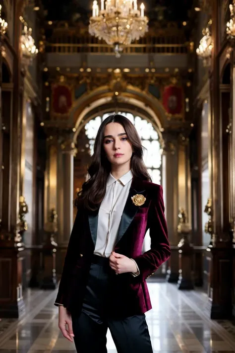 A stunning intricate full color portrait of a woman wearing a Velvet blazer, satin blouse, tailored trousers, and pumps , Gilded, baroque-style opera house , epic character composition,by ilya kuvshinov, alessio albi, nina masic,sharp focus, natural lighting, subsurface scattering, Fujifilm X-T4, film grain, very detailed skin texture <lora:KateNachos:1>