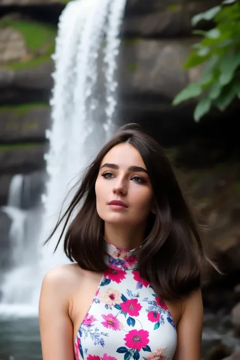 A stunning intricate full color portrait of a woman,wearing a high neck floral dress, flower in hair, waterfall in background, having fun, epic character composition,by ilya kuvshinov, alessio albi, nina masic,sharp focus, natural lighting, subsurface scattering, f2, 35mm, film grain, portait, closeup, very detailed skin texture <lora:KateNachos:1>