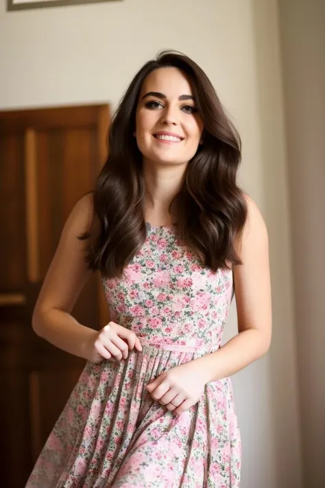 beautiful woman wearing a floral dress, intricate details, having fun <lora:KateNachos:1>