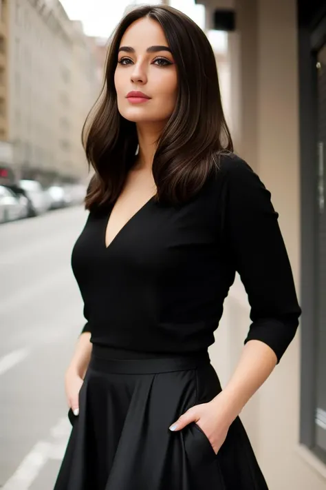 beautiful woman wearing a black skirt, intricate details, embarrassed <lora:KateNachos:1>