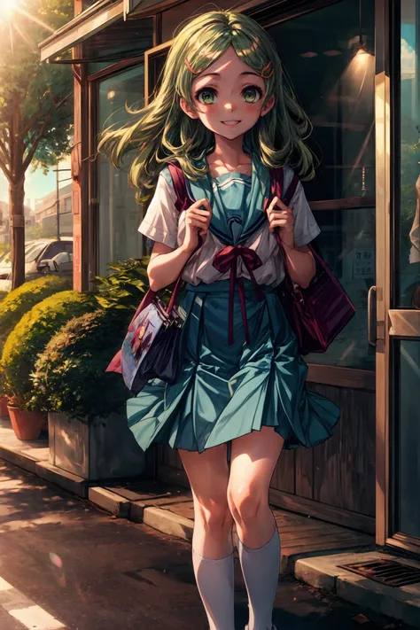 (masterpiece),best quality, <lora:Emiri:0.8>, emiri, kita high school uniform, blue skirt,socks, green eyes, hairclip, school bag, smile, looking at the viewer,sunlight, dawn, street, shops, <lora:Adddetail:0.7>
