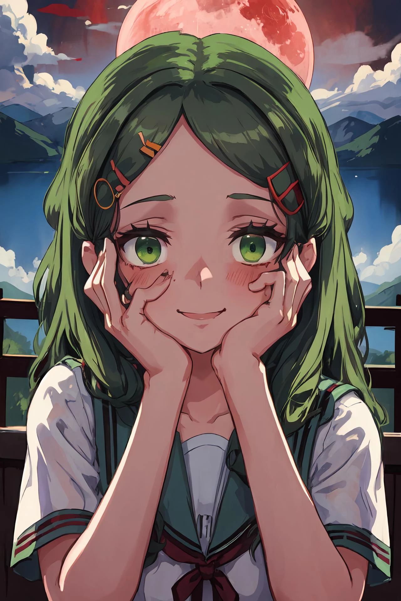 (masterpiece:1.1), best quality,<lora:Emiri:0.80>, emiri, kita high school uniform, green eyes, hairclip, castle, outside, persistent stare, mountains, looking at the viewer,night, red sky, blood moon, <lora:yandere_trance:0.8>, yandere trance, yandere, hands on own face,hands on own cheeks, blank eyes, blush, large smile, yandere smile, (blood:1.2), <lora:constricted_pupils_v0.2a:0.8>, constricted pupils