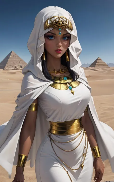 ANIME_YuGiOh_IshizuIshtar_ownwaifu,
1girl,  dark skin, dark-skinned female, blue eyes, black hair, long hair, breasts, collarbone, medium breasts, lips, lipstick, makeup,
eye of horus, jewelry, egyptian, hood, dress, necklace, bracelet, armlet, cape, egyptian clothes, crown, ankh, white dress, hair tubes, cleavage, cloak, eyeshadow, forehead jewel,
<lora:ANIME_YuGiOh_IshizuIshtar_ownwaifu:0.9> 
((masterpiece)),((best quality)),(highres, absurdres), original, official_art, egyptian art, outdoors, day, desert, pyramid \(structure\),