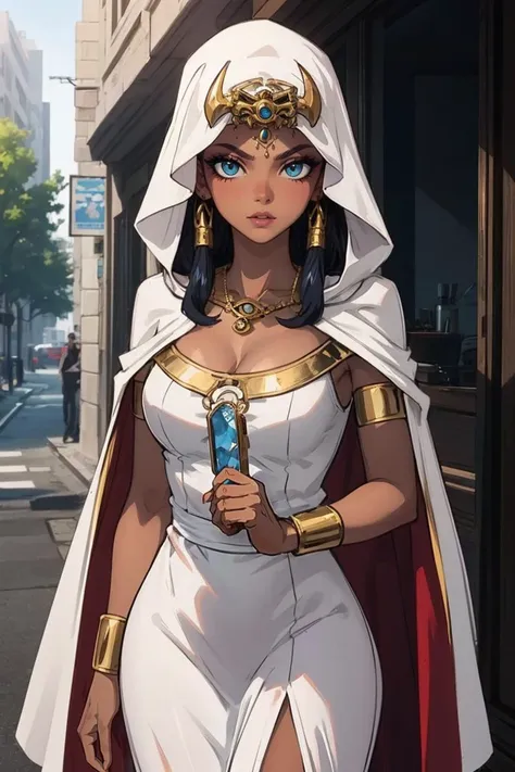 ANIME_YuGiOh_IshizuIshtar_ownwaifu,
1girl,  dark skin, dark-skinned female, blue eyes, black hair, long hair, breasts, collarbone, medium breasts, lips, lipstick, makeup,
eye of horus, jewelry, egyptian, hood, dress, necklace, bracelet, armlet, cape, egyptian clothes, crown, ankh, white dress, hair tubes, cleavage, cloak, eyeshadow, forehead jewel,
<lora:ANIME_YuGiOh_IshizuIshtar_ownwaifu:0.65> 
(masterpiece),(best quality),(highres),(extremely detailed CG unity 8k wallpaper), cowboy shot, looking at viewer, solo, focused, outdoors, day,