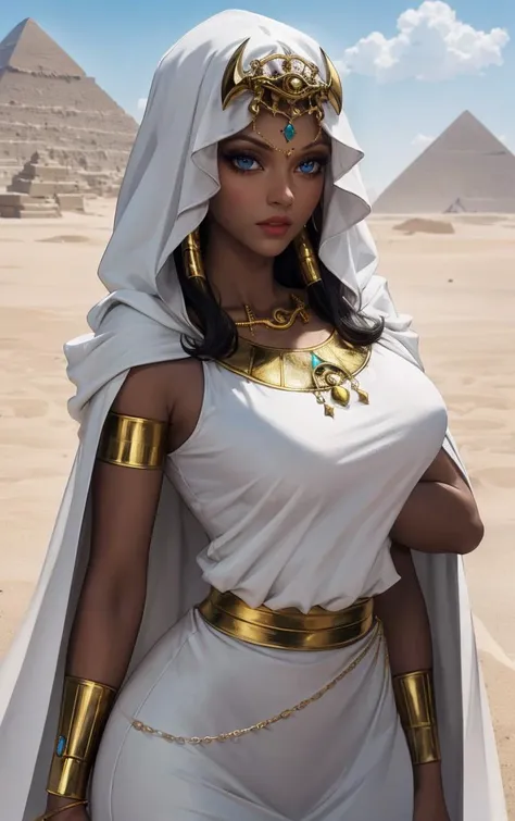 ANIME_YuGiOh_IshizuIshtar_ownwaifu,
1girl,  dark skin, dark-skinned female, blue eyes, black hair, long hair, breasts, collarbone, medium breasts, lips, lipstick, makeup,
eye of horus, jewelry, egyptian, hood, dress, necklace, bracelet, armlet, cape, egyptian clothes, crown, ankh, white dress, hair tubes, cleavage, cloak, eyeshadow, forehead jewel,
<lora:ANIME_YuGiOh_IshizuIshtar_ownwaifu:0.8> 
((masterpiece)),((best quality)),(highres, absurdres), original, official_art, egyptian art, outdoors, day, desert, pyramid \(structure\),