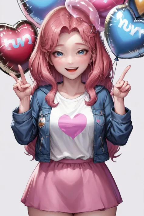 (1girl, one girl), (solo:1.3), (mlppinkiepie:1.3),pale skin, long hair, blue_eyes, (smiling, happy:1.3), (pink curly hair:1.2), BREAK
standing,(slightly chubby,wide hips,thick_thighs:1.2),, BREAK
(blue jacket with white shirt with heart design,pink skirt with balloon design,happy pose:1.3), BREAK
(cute_background, daylight,detailed_background:1.3), BREAK
best quality, masterpiece, detailed background, highly detailed, intricate, detailed face, long eyelashes, detailed eyes, <lora:Kidmo-LyCoris-V2:1><lora:mlp_pinkiepie:0.8><lora:GoodHands-vanilla:1>