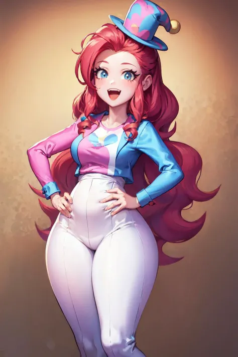(1girl, one girl), (solo:1.3), (mlppinkiepie:1.3),pale skin, long hair, blue_eyes, (smiling, happy:1.3), (pink curly hair:1.2), BREAK
standing,(slightly chubby,wide hips,thick_thighs:1.2),, BREAK
(ClownFashion, clown atire, colorful clothing,happy pose:1.3), BREAK
(cute_background, daylight,detailed_background:1.3), BREAK
best quality, masterpiece, detailed background, highly detailed, intricate, detailed face, long eyelashes, detailed eyes, <lora:mlp_pinkiepie:0.8><lora:GoodHands-vanilla:1> <lora:ClownFashion:0.6>