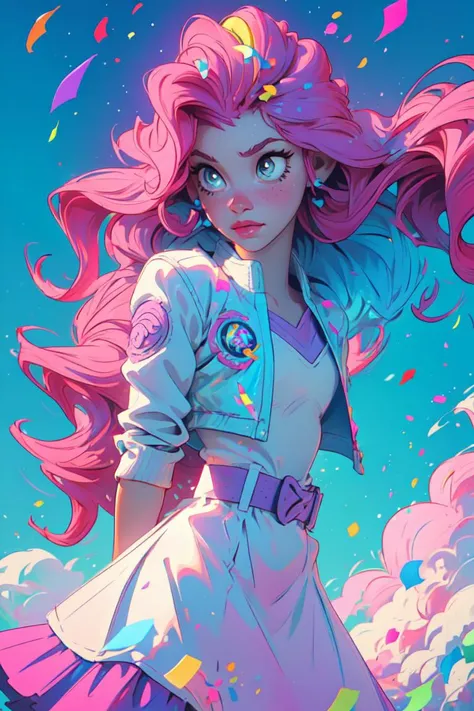 (mlppinkiepie:1.2), (colored skin, pink skin:1.5), (pink hair:1.5), (blue eyes, puffy hair, coil curls, side part, bangs:1.2), (white top with blue jacket, pink puffy skirt, purple belt, rainbow confetti details on skirt:1.2), confetti, party theme, candy, (realistic:1.2), (masterpiece:1.2), (full-body-shot:1.2),(Cowboy-shot:1.2), neon lighting, dark romantic lighting, (highly detailed:1.2),(detailed face:1.2), (gradients), colorful, detailed eyes, (detailed landscape:1.2), (natural lighting:1.2),(detailed background), detailed landscape, (dynamic pose:1.2), solo, close up, <lora:mlp_pinkiepie-11:0.85> <lora:add_detail:0.15> <lora:hipoly3DModelLora_v10:0.05> <lora:RSERomantic_RSESofiko_RSEEmma-v1:0.1> <lora:BeautifulEyes:0.65> <lora:CharacterDesign_Concept-10:0> <lyco:coloredSkin-08:0.3>