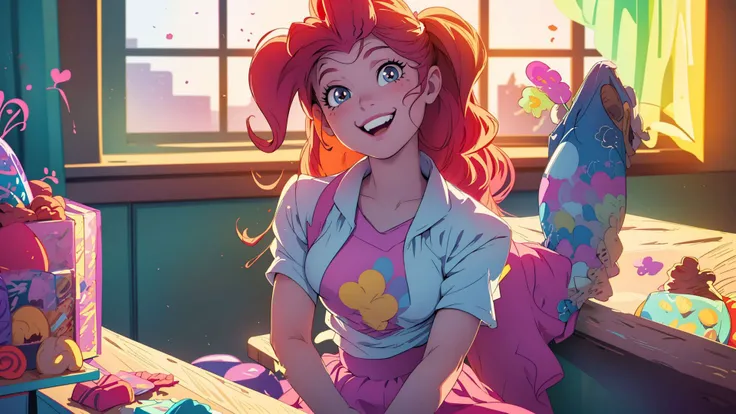 masterpiece,best quality,<lora:mlp_pinkiepie-11:1>,cowboy shot,solo,1girl,mlppinkiepie,smile:0.5,looking at viewer,shirt,skirt,in a candy store,indoors,dynamic lighting,