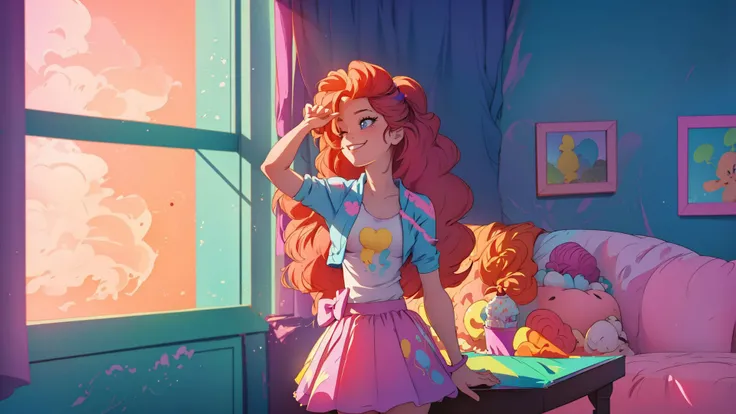 masterpiece,best quality,<lora:mlp_pinkiepie-11:1>,cowboy shot,solo,1girl,mlppinkiepie,smile:0.5,looking at viewer,shirt,skirt,in a candy store,indoors,dynamic lighting,