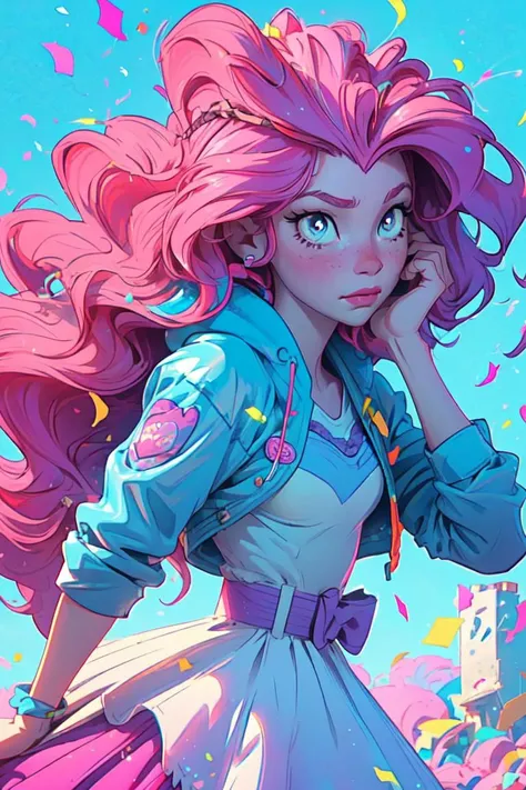 (mlppinkiepie:1.2), (colored skin, pink skin:1.5), (pink hair:1.5), (blue eyes, puffy hair, side part, bangs:1.2), (white top with blue jacket, pink puffy skirt, purple belt, rainbow confetti details on skirt:1.2), confetti, party theme, (realistic:1.2),  (masterpiece:1.2), (full-body-shot:1.2),(Cowboy-shot:1.2), neon lighting, dark romantic lighting, (highly detailed:1.2),(detailed face:1.2), (gradients), colorful, detailed eyes, (detailed landscape:1.2), (natural lighting:1.2),(detailed background), detailed landscape, (dynamic pose:1.2), solo, close up, <lora:mlp_pinkiepie-11:0.85> <lora:add_detail:0.15> <lora:hipoly3DModelLora_v10:0.05>  <lora:RSERomantic_RSESofiko_RSEEmma-v1:0.1> <lora:BeautifulEyes:0.65>  <lora:CharacterDesign_Concept-10:0> <lyco:coloredSkin-08:0.3>