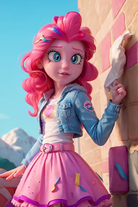 (mlppinkiepie:1.2), (colored skin, pink skin:1.5), (pink hair:1.5), (blue eyes, puffy hair, coil curls, side part, bangs:1.2), (white top with blue jacket, pink puffy skirt, purple belt, rainbow confetti details on skirt:1.2), confetti, party theme, candy, (realistic:1.2),  (masterpiece:1.2), (full-body-shot:1.2),(Cowboy-shot:1.2), neon lighting, dark romantic lighting, (highly detailed:1.2),(detailed face:1.2), (gradients), colorful, detailed eyes, (detailed landscape:1.2), (natural lighting:1.2),(detailed background), detailed landscape, (cute pose:1.2), solo, close up, <lora:mlp_pinkiepie-11:0.85> <lora:add_detail:0.15> <lora:hipoly3DModelLora_v10:0.05>  <lora:RSERomantic_RSESofiko_RSEEmma-v1:0.1> <lora:BeautifulEyes:0.65>  <lora:CharacterDesign_Concept-10:0> <lyco:coloredSkin-08:0.3>