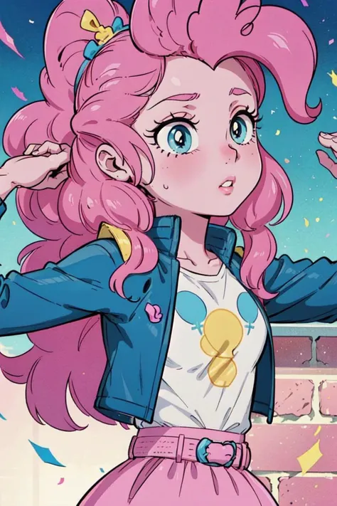 (mlppinkiepie:1.2), (colored skin, pink skin:1.5), (pink hair:1.5), (blue eyes, puffy hair, coil curls, side part, bangs:1.2), (white top with blue jacket, pink puffy skirt, purple belt, rainbow confetti details on skirt:1.2), confetti, party theme, candy, (realistic:1.2), (masterpiece:1.2), (full-body-shot:1.2),(Cowboy-shot:1.2), neon lighting, dark romantic lighting, (highly detailed:1.2),(detailed face:1.2), (gradients), colorful, detailed eyes, (detailed landscape:1.2), (natural lighting:1.2),(detailed background), detailed landscape, (dynamic pose:1.2), solo, close up, <lora:mlp_pinkiepie-11:0.85> <lora:add_detail:0.15> <lora:hipoly3DModelLora_v10:0.05> <lora:RSERomantic_RSESofiko_RSEEmma-v1:0.1> <lora:BeautifulEyes:0.65> <lora:CharacterDesign_Concept-10:0> <lyco:coloredSkin-08:0.3>