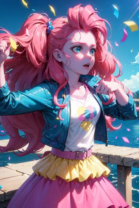 (mlppinkiepie:1.2), (colored skin, pink skin:1.5), (pink hair:1.5), (blue eyes, puffy hair, coil curls, side part, bangs:1.2), (white top with blue jacket, pink puffy skirt, purple belt, rainbow confetti details on skirt:1.2), confetti, party theme, candy, (realistic:1.2), (masterpiece:1.2), (full-body-shot:1.2),(Cowboy-shot:1.2), neon lighting, dark romantic lighting, (highly detailed:1.2),(detailed face:1.2), (gradients), colorful, detailed eyes, (detailed landscape:1.2), (natural lighting:1.2),(detailed background), detailed landscape, (dynamic pose:1.2), solo, close up, <lora:mlp_pinkiepie-11:0.85> <lora:add_detail:0.15> <lora:hipoly3DModelLora_v10:0.05> <lora:RSERomantic_RSESofiko_RSEEmma-v1:0.1> <lora:BeautifulEyes:0.65> <lora:CharacterDesign_Concept-10:0> <lyco:coloredSkin-08:0.3>