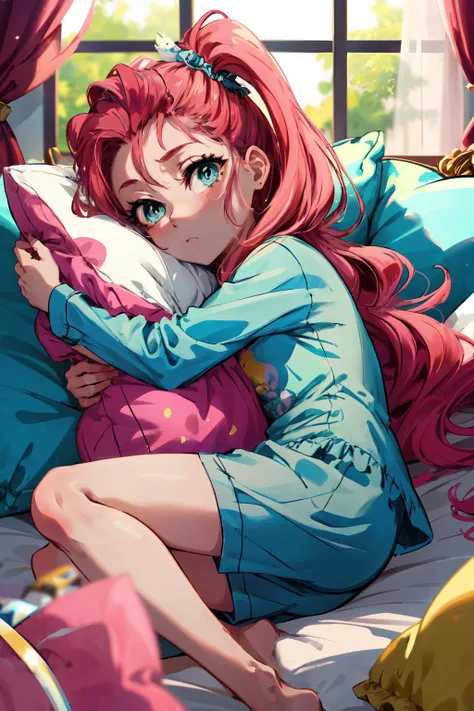 masterpiece,best quality,1girl,mlppinkiepie,pink hair,long hair,blue eyes,expressionless,pink pajamas,lying on side,pillow hug,indoors,<lora:mlp_pinkiepie:0.8>,