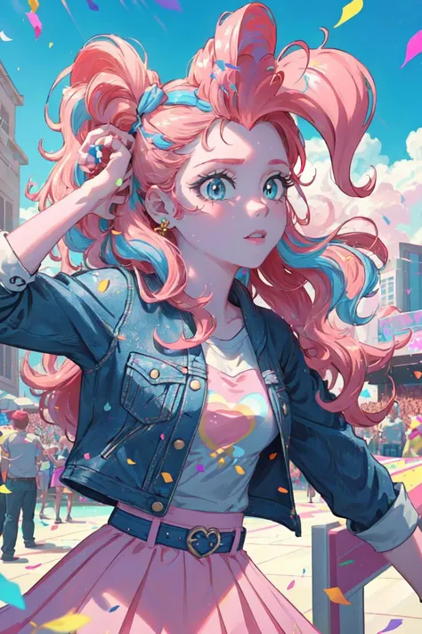 (mlppinkiepie:1.2), (colored skin, pink skin:1.5), (pink hair:1.5), (blue eyes, puffy hair, coil curls, side part, bangs:1.2), (white top with blue jacket, pink puffy skirt, purple belt, rainbow confetti details on skirt:1.2), confetti, party theme, candy, (realistic:1.2), (masterpiece:1.2), (full-body-shot:1.2),(Cowboy-shot:1.2), neon lighting, dark romantic lighting, (highly detailed:1.2),(detailed face:1.2), (gradients), colorful, detailed eyes, (detailed landscape:1.2), (natural lighting:1.2),(detailed background), detailed landscape, (dynamic pose:1.2), solo, close up, <lora:mlp_pinkiepie-11:0.85> <lora:add_detail:0.15> <lora:hipoly3DModelLora_v10:0.05> <lora:RSERomantic_RSESofiko_RSEEmma-v1:0.1> <lora:BeautifulEyes:0.65> <lora:CharacterDesign_Concept-10:0> <lyco:coloredSkin-08:0.3>