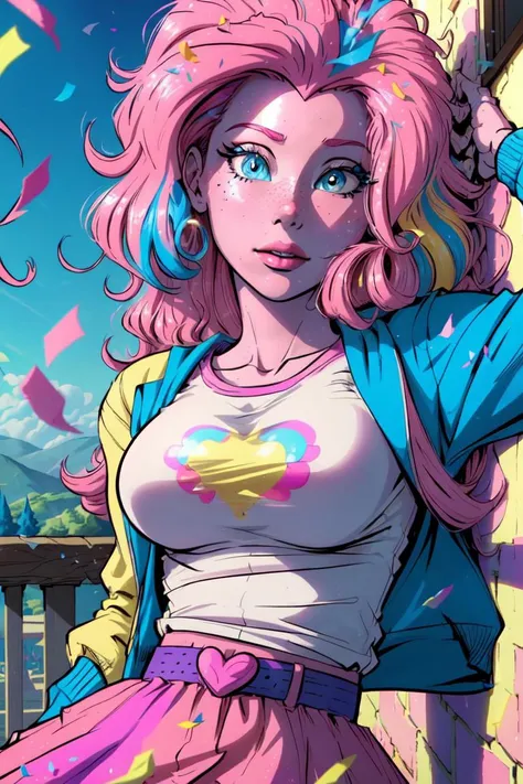 (mlppinkiepie:1.2), (colored skin, pink skin:1.5), (pink hair:1.5), (blue eyes, puffy hair, coil curls, side part, bangs:1.2), (white top with blue jacket, pink puffy skirt, purple belt, rainbow confetti details on skirt:1.2), confetti, party theme, candy, (realistic:1.2), (masterpiece:1.2), (full-body-shot:1.2),(Cowboy-shot:1.2), neon lighting, dark romantic lighting, (highly detailed:1.2),(detailed face:1.2), (gradients), colorful, detailed eyes, (detailed landscape:1.2), (natural lighting:1.2),(detailed background), detailed landscape, (cute pose:1.2), solo, close up, <lora:mlp_pinkiepie-11:0.85> <lora:add_detail:0.15> <lora:hipoly3DModelLora_v10:0.05> <lora:RSERomantic_RSESofiko_RSEEmma-v1:0.1> <lora:BeautifulEyes:0.65> <lora:CharacterDesign_Concept-10:0> <lyco:coloredSkin-08:0.3>
