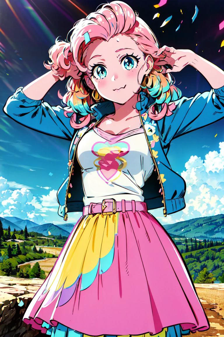 (mlppinkiepie:1.2), (colored skin, pink skin:1.5), (pink hair:1.5), (blue eyes, puffy hair, coil curls, side part, bangs:1.2), (white top with blue jacket, pink puffy skirt, purple belt, rainbow confetti details on skirt:1.2), confetti, party theme, candy, (realistic:1.2), (masterpiece:1.2), (full-body-shot:1.2),(Cowboy-shot:1.2), neon lighting, dark romantic lighting, (highly detailed:1.2),(detailed face:1.2), (gradients), colorful, detailed eyes, (detailed landscape:1.2), (natural lighting:1.2),(detailed background), detailed landscape, (cute pose:1.2), solo, close up, <lora:mlp_pinkiepie-11:0.85> <lora:add_detail:0.15> <lora:hipoly3DModelLora_v10:0.05> <lora:RSERomantic_RSESofiko_RSEEmma-v1:0.1> <lora:BeautifulEyes:0.65> <lora:CharacterDesign_Concept-10:0> <lyco:coloredSkin-08:0.3>