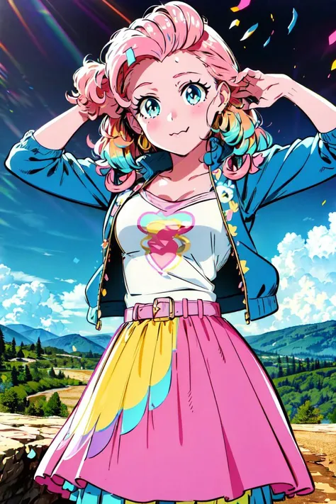 (mlppinkiepie:1.2), (colored skin, pink skin:1.5), (pink hair:1.5), (blue eyes, puffy hair, coil curls, side part, bangs:1.2), (white top with blue jacket, pink puffy skirt, purple belt, rainbow confetti details on skirt:1.2), confetti, party theme, candy, (realistic:1.2),  (masterpiece:1.2), (full-body-shot:1.2),(Cowboy-shot:1.2), neon lighting, dark romantic lighting, (highly detailed:1.2),(detailed face:1.2), (gradients), colorful, detailed eyes, (detailed landscape:1.2), (natural lighting:1.2),(detailed background), detailed landscape, (cute pose:1.2), solo, close up, <lora:mlp_pinkiepie-11:0.85> <lora:add_detail:0.15> <lora:hipoly3DModelLora_v10:0.05>  <lora:RSERomantic_RSESofiko_RSEEmma-v1:0.1> <lora:BeautifulEyes:0.65>  <lora:CharacterDesign_Concept-10:0> <lyco:coloredSkin-08:0.3>