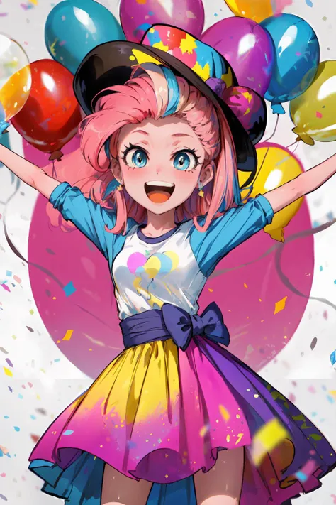masterpiece,best quality,1girl,mlppinkiepie,pink hair,blue eyes shirt,skirt,party hat,laughing,spread arms,(colorful balloon),party,<lora:mlp_pinkiepie:1>,