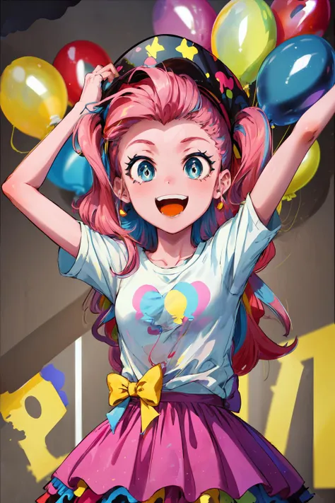 masterpiece,best quality,1girl,mlppinkiepie,pink hair,blue eyes shirt,skirt,party hat,laughing,spread arms,(colorful balloon),party,<lora:mlp_pinkiepie:1>,