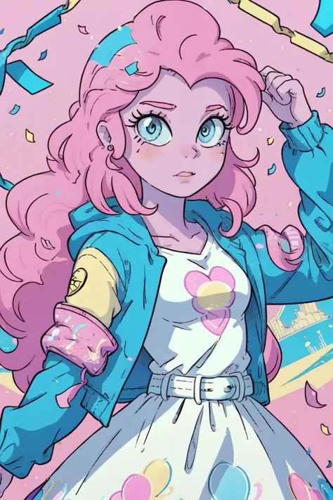 (mlppinkiepie:1.2), (colored skin, pink skin:1.5), (pink hair:1.5), (blue eyes, puffy hair, coil curls, side part, bangs:1.2), (white top with blue jacket, pink puffy skirt, purple belt, rainbow confetti details on skirt:1.2), confetti, party theme, candy, (realistic:1.2), (masterpiece:1.2), (full-body-shot:1.2),(Cowboy-shot:1.2), neon lighting, dark romantic lighting, (highly detailed:1.2),(detailed face:1.2), (gradients), colorful, detailed eyes, (detailed landscape:1.2), (natural lighting:1.2),(detailed background), detailed landscape, (cute pose:1.2), solo, close up, <lora:mlp_pinkiepie-11:0.85> <lora:add_detail:0.15> <lora:hipoly3DModelLora_v10:0.05> <lora:RSERomantic_RSESofiko_RSEEmma-v1:0.1> <lora:BeautifulEyes:0.65> <lora:CharacterDesign_Concept-10:0> <lyco:coloredSkin-08:0.3>