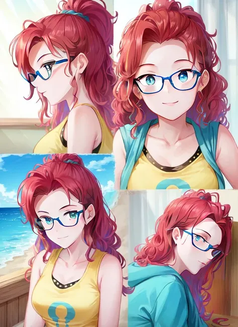 ((best quality)), ((highly detailed)), masterpiece, detailed face, beautiful face, (detailed eyes, deep eyes), (1girl), (glasses), multiple views, upper body, <lora:mlp_pinkiepie:1>, mlppinkiepie, pink hair, blue eyes, smile, yellow tank top, open jacket, light blue shorts, (in a resort, morning)