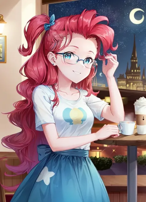 ((best quality)), ((highly detailed)), masterpiece, (detailed eyes, deep eyes), (1girl), (glasses), upper body, <lora:mlp_pinkiepie:1>, mlppinkiepie, pink hair, blue eyes, smile, shirt, skirt, (at a cafe, coffee, evening, night sky, stars, broken moon)